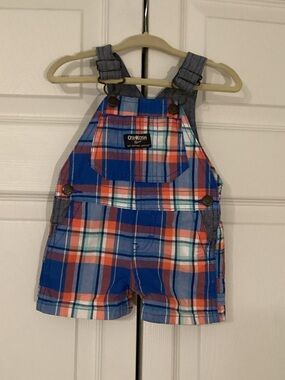 OshKosh B'gosh Blue, Orange & White Plaid Shortalls Size 6 Months EUC